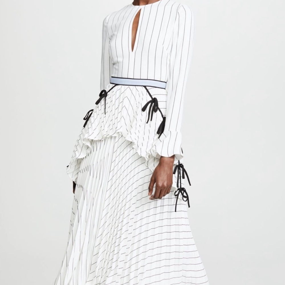 Self-Portrait White and Black Striped Midi Dress